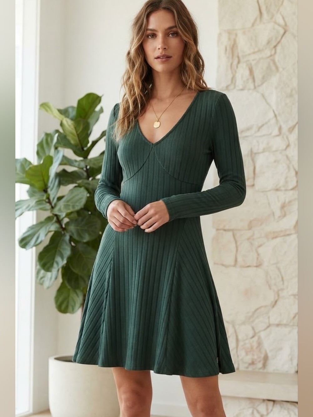 NWT Halara Green Ribbed Y2k  Fit And Flare Dress Long Sleeve Large